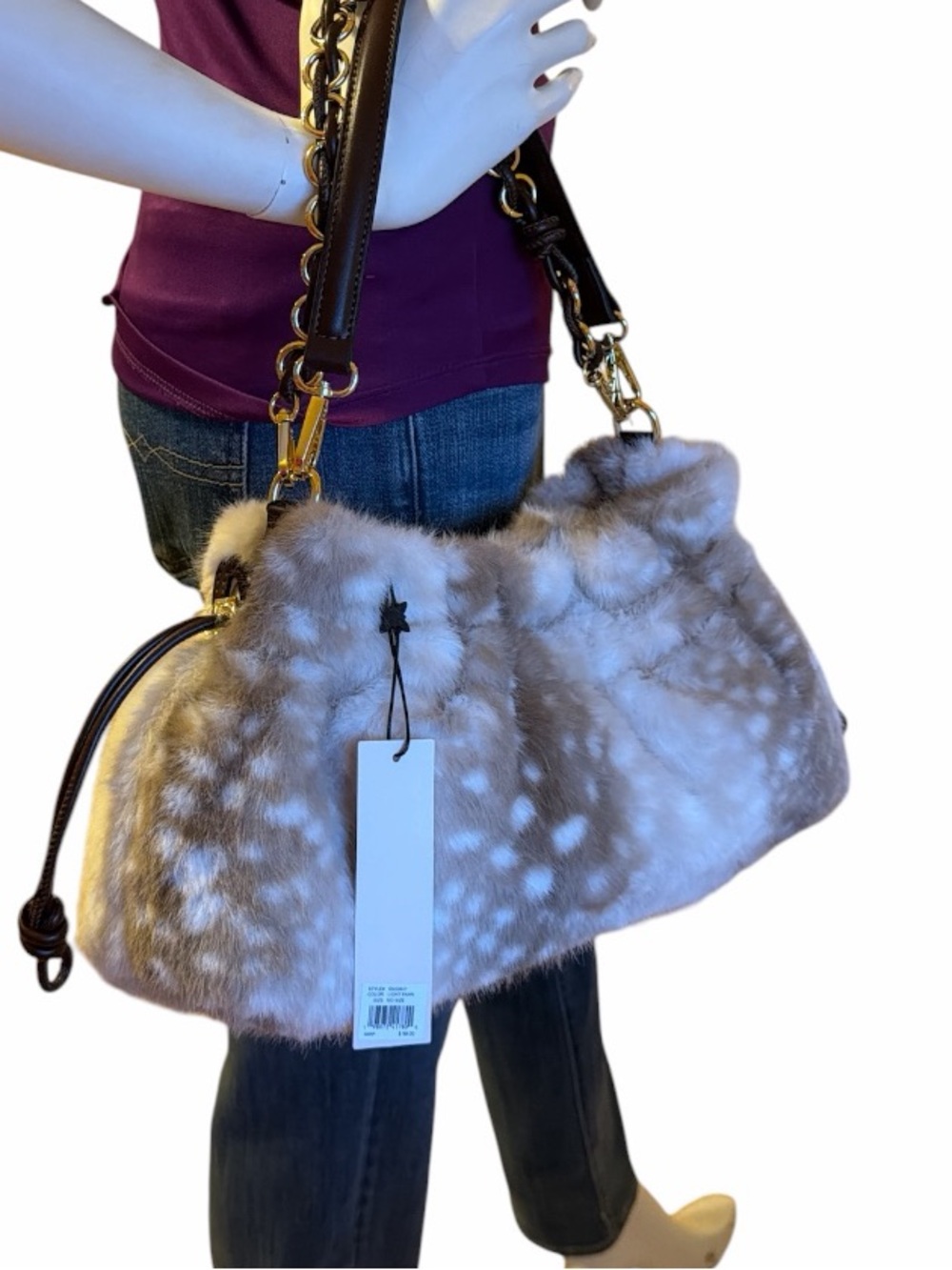 BCBG Generation Faux Fur Deer Print Shoulder Bag Light Fawn Beige